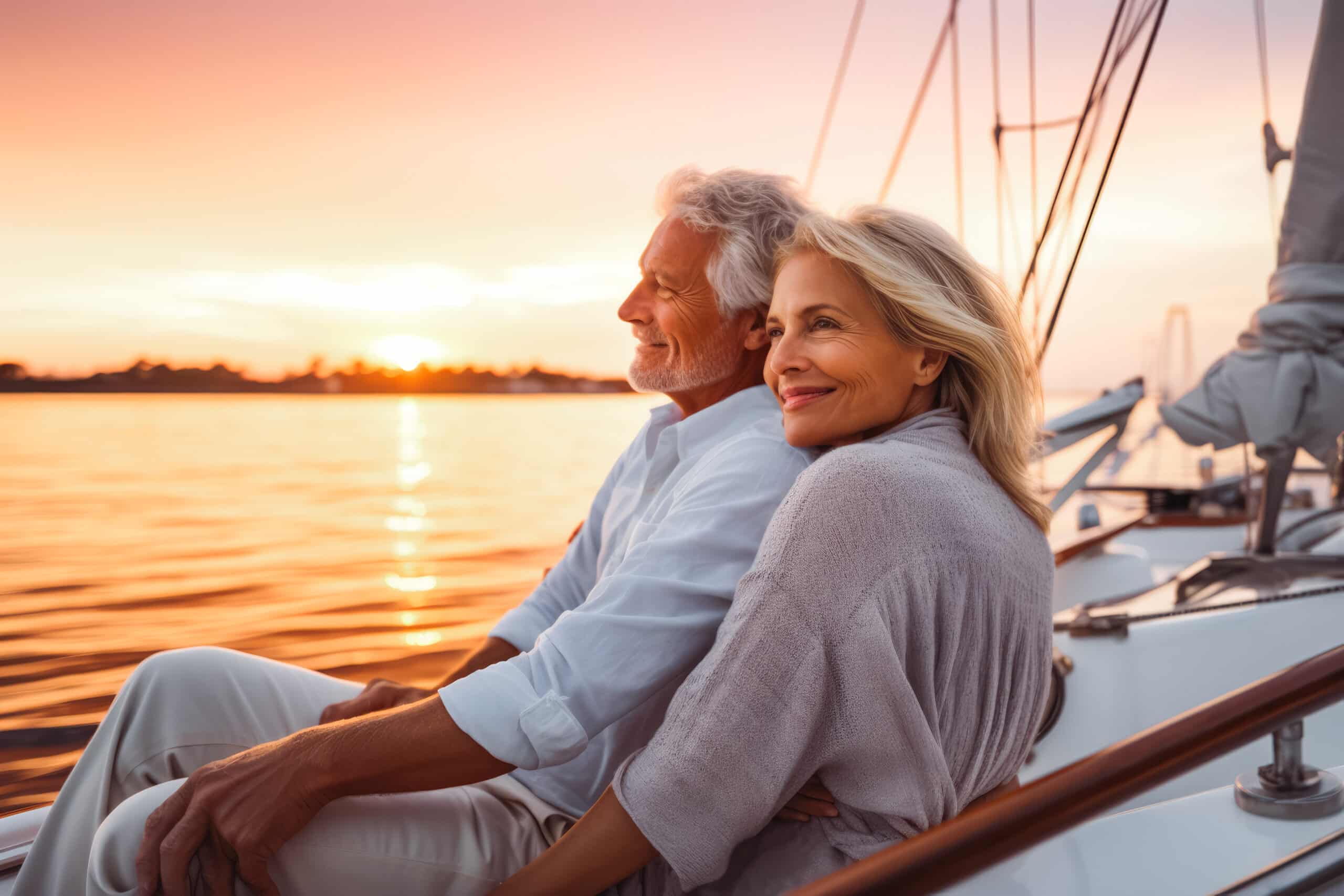 Enjoying luxury life. Beautiful senior couple enjoying cruise vacation on a sunny day. Retired couple on a yacht sailboat.