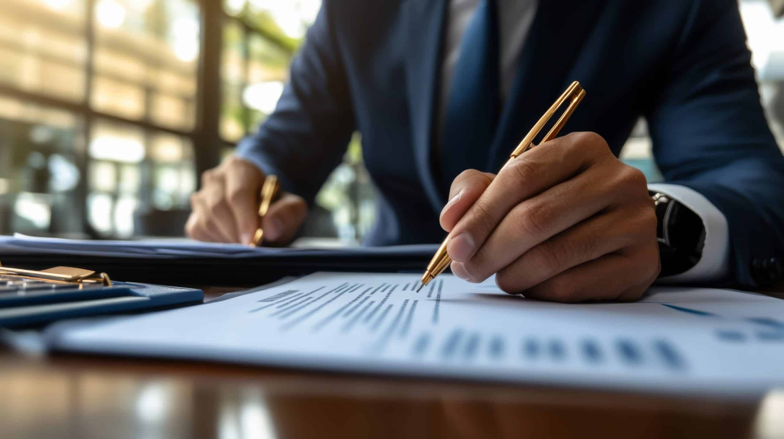 Close-up of a confident businessman signing a contract, with financial documents blurred in the background.  price guarantees and business security, capturing the essence of professionalism and trust